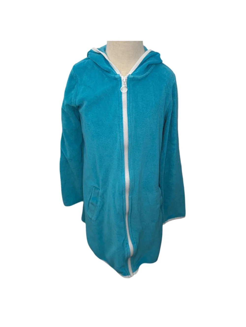 Lands’ End Girls Terry Cloth Swim Cover-Up Hoodie Turquoise Size S 7-8